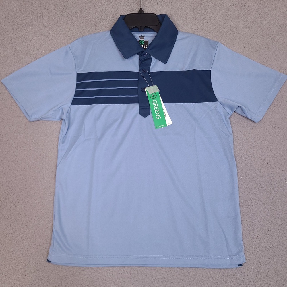 18 Greens Mens Golf Polo Shirt Small Blue‎ Navy Stripe Moisture Wicking NWT